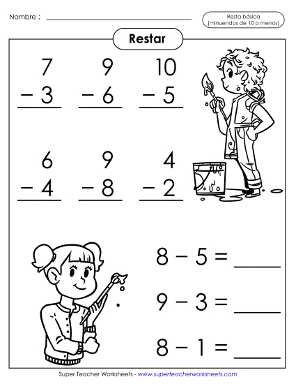 Operaciones básicas de resta: Pintura (Minuendos de 10 o menos) Gratis Worksheet