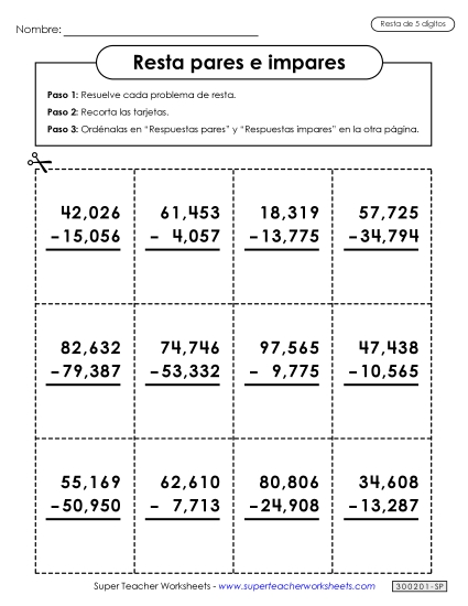 Clasificación de restas con respuestas pares e impares Gratis Worksheet