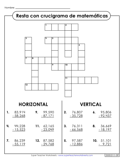 Crucigrama de Resta de 5 Cifras Gratis Worksheet