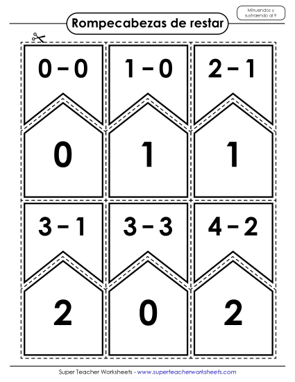 Resta: Minuendos y Sustraendos hasta el 9 Gratis Worksheet