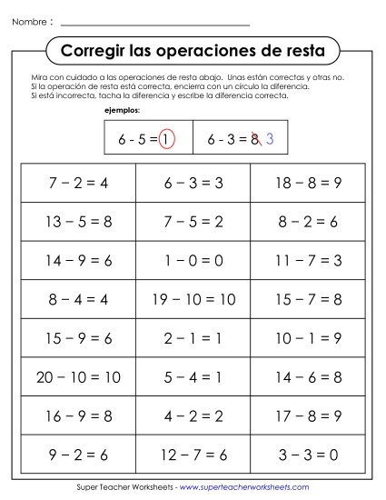 Corrige las Restas Gratis Worksheet
