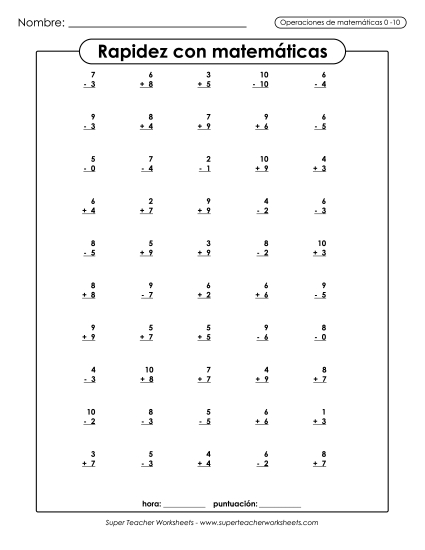 Matemáticas Rápidas: Suma y Resta Gratis Suma Y Resta Mixtas Worksheet