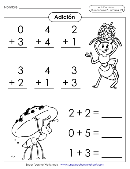 Operaciones básicas de suma: Hormigas (Sumandos hasta 5; Sumas hasta 10) Gratis Worksheet