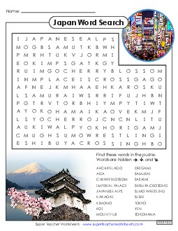 Japan Word Search Wordsearch Worksheet