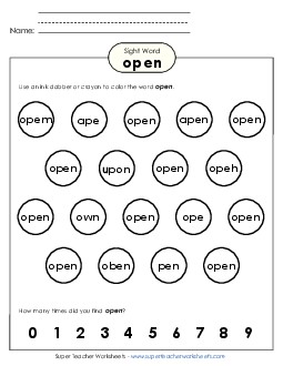 Dab or Color: Open Sight Words Individual Worksheet