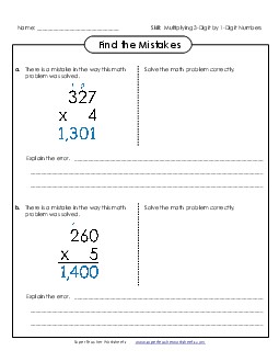 Find the Mistakes: 3-Digit by 1-Digit Numbers Multiplication Worksheet