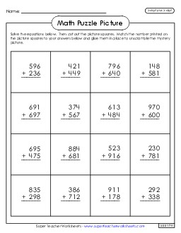 Addition Puzzle Picture: Thanksgiving (3-Digit Plus 3-Digit) Worksheet