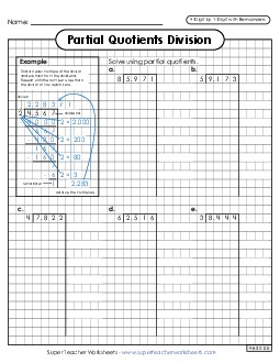 Partial Quotients (Graph Paper)  4-Digit by 1-Digit Division (with Remainders) Worksheet