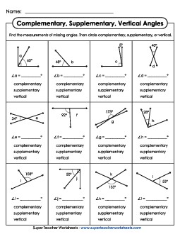 Identify Complementary, Supplementary, & Vertical Angles Worksheet