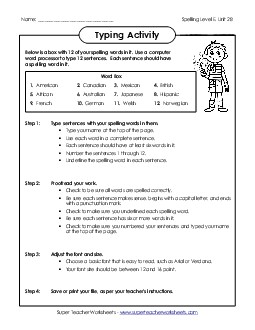 Typing Sentences (E-28) Spelling E Worksheet