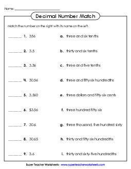 Decimal Number Match Free 5th Grade Math Worksheet