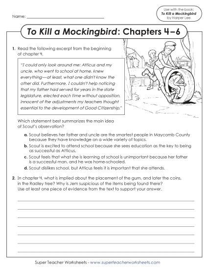 New Questions for Chapters 4–6<br>To Kill a Mockingbird Worksheet