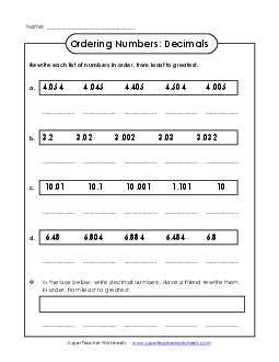 Ordering Decimals 5th Grade Math Worksheet