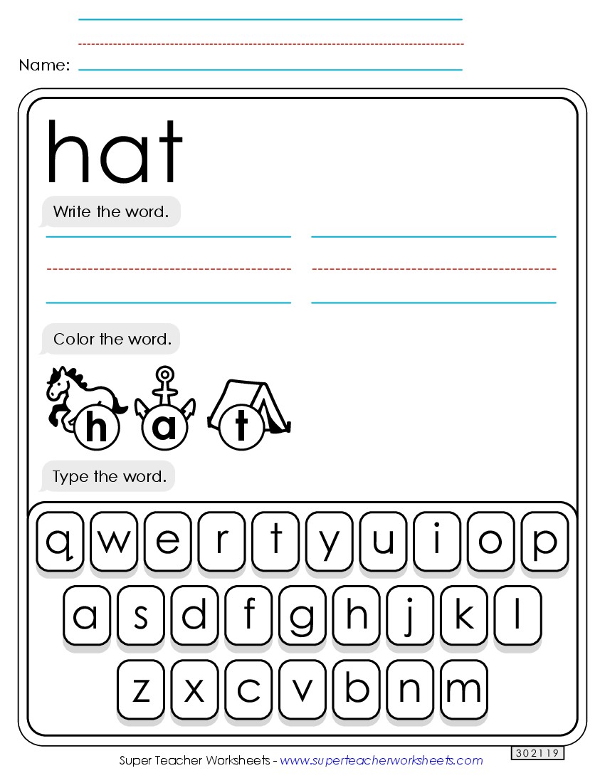 Write, Color, Type: Hat Sight Words Individual Worksheet