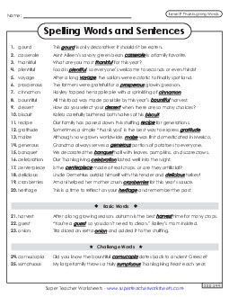 Spelling Sentences (Thanksgiving) Spelling F Worksheet