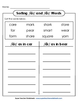 T-chart Sorting: /är/ as in car & /âr/ as in bear Phonics R Controlled Vowels Worksheet