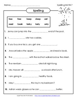 Spelling Sentences (B-7) Spelling B Worksheet