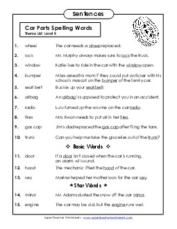 Spelling Test Sentences (B-Car Parts) Spelling B Worksheet