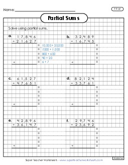 New Graph Paper Addition (5-Digit, Partial Sums) Spanish Worksheet