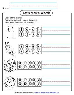 Color the Letters & Write (-ock) Word Families Worksheet