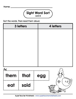 Sight Word Sort (Unit 8) Sight Words Worksheet