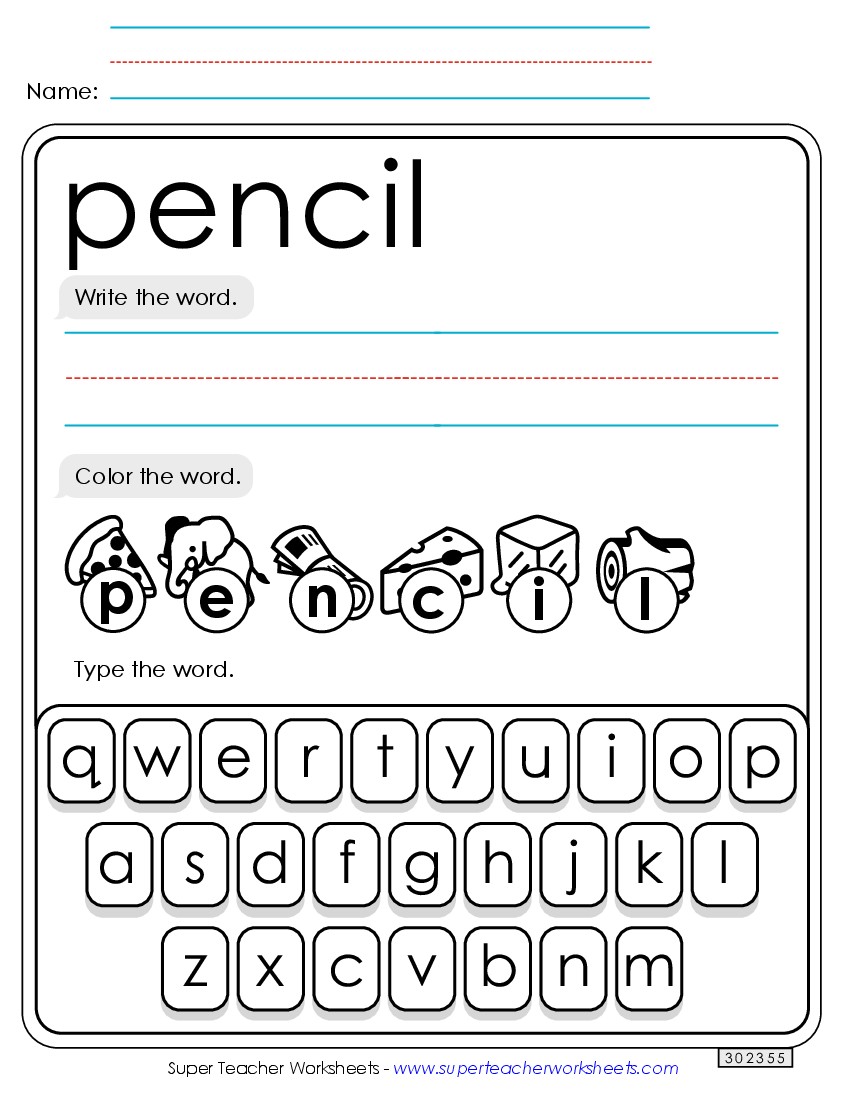 Write, Color, Type: Pencil Sight Words Individual Worksheet