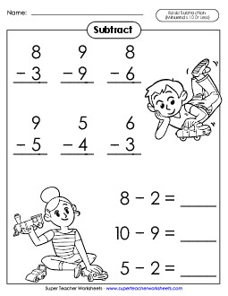 Basic Subtraction Facts: Toys (Minuends 10 or Less) Worksheet