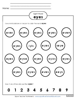 Dab or Color: Eyes Sight Words Individual Worksheet