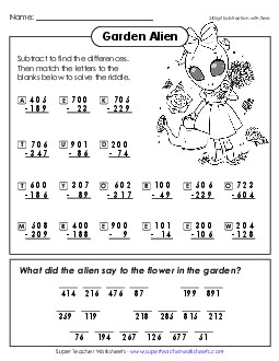 Garden Space Alien (3-Digit Subtraction Across Zero) Worksheet