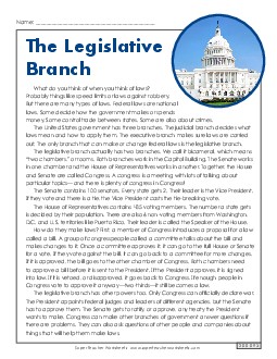 The Legislative Branch Reading Comprehension Worksheet