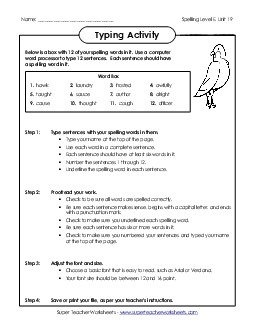 Typing Sentences (E-19) Spelling E Worksheet