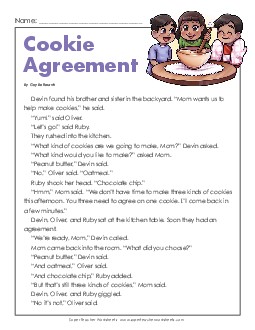 Cookie Agreement (Fiction) 3rd Grade Reading Comprehension Worksheet