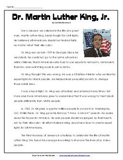 Martin Luther King Article (Easier Reading Level) Free 3rd Grade Reading Comprehension Worksheet