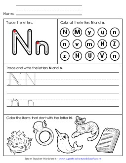 Tracing, Writing, and Recognizing Letter N Alphabet Worksheet