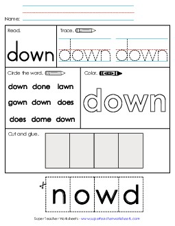 Worksheet 2: Down Sight Words Individual Worksheet