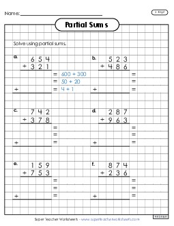 Graph Paper Addition (3-Digit, Partial Sums) Worksheet