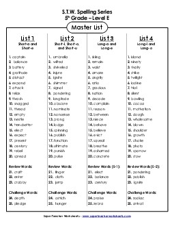 Master Lists (Level E) Spelling E Worksheet