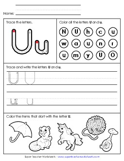 Tracing, Writing, and Recognizing Letter U Alphabet Worksheet