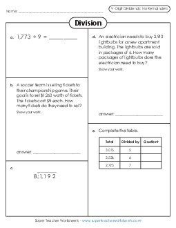 Variety Worksheet: 4-Digit Dividends (No Remainders) Division Worksheet