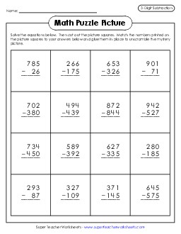 Easter Bunnies Math Picture Puzzle (3-Digit Subtraction) Worksheet