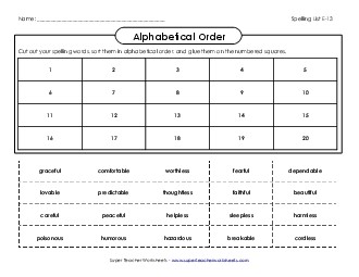 ABC Order: Cut & Glue (E-13) Spelling E Worksheet