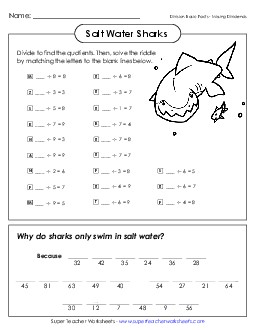 Math Riddle: Salt Water Sharks Division Worksheet