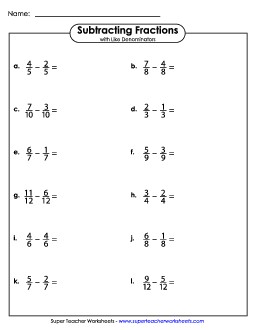 Subtract Fractions with Like Denominators (Horizontal) Worksheet