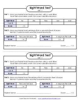 1-on-1 Reading Test (Unit 11) Sight Words Worksheet