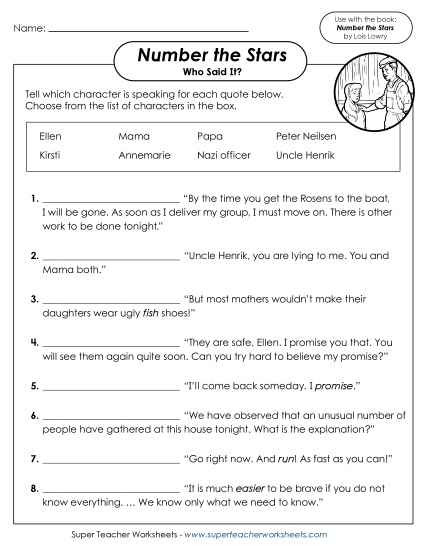 New Who Said It? (Number the Stars) Worksheet New Who Said It? (Number the Stars) Worksheet