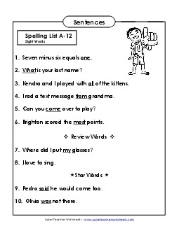 Spelling Test Sentences (A-12) Spelling A Worksheet