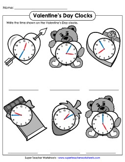 Valentine\'s Day Clocks - Nearest 5 Minutes Valentines Day Worksheet