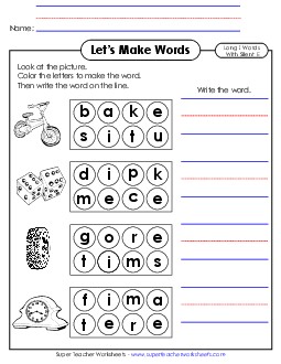 Let\'s Make Words (Long I; Silent E) #2 Phonics Silent E Worksheet