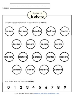 Dab or Color: Before Sight Words Individual Worksheet