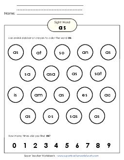 Dab or Color: As Sight Words Individual Worksheet